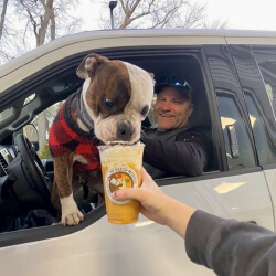 A happy customer and their bulldog enjoying The Fresh Monkee's healthy smoothies