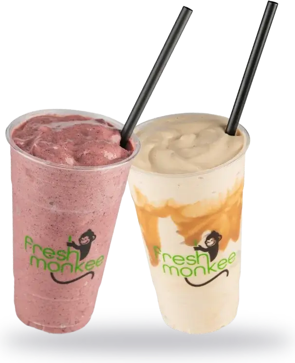 Two Fresh Monkee shakes side by side, Antioxidant Berry and Caramel Coffee Buzz