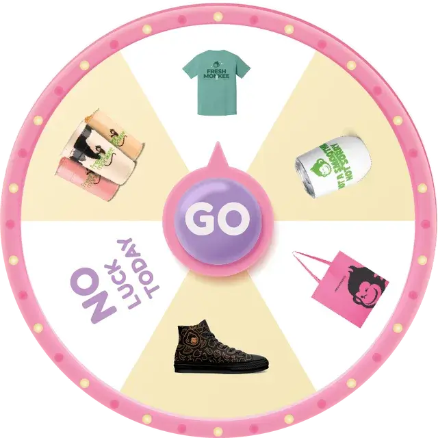 Prize wheel with a T-shirt, tumbler, tote bag, sneakers, cans and a no-luck slot