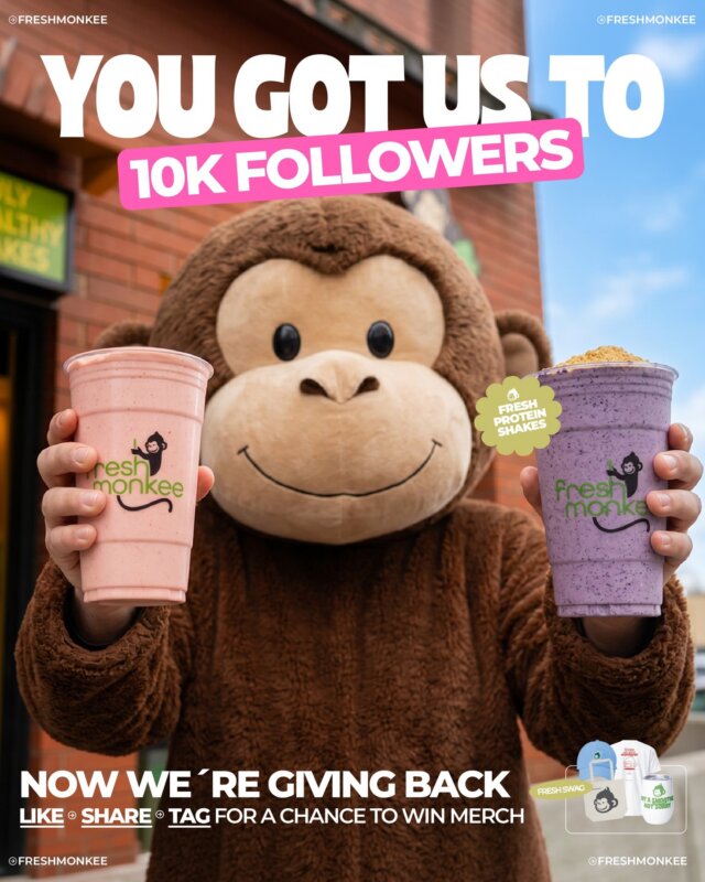 This is YOUR milestone🧋

10K+ of you sipping fresh and spreading the word means everything to us. To celebrate, we’re giving 10 people the chance to win Fresh Monkee merch 🐒

How to enter:
❤️ Like this post
👇 Drop a comment and tag a friend who needs fresh protein in their life (each tag = bonus entry!)

You have 7 days to enter. 10 winners will be picked on June 3 at 11:59 PM ET. Good luck out there!🍀