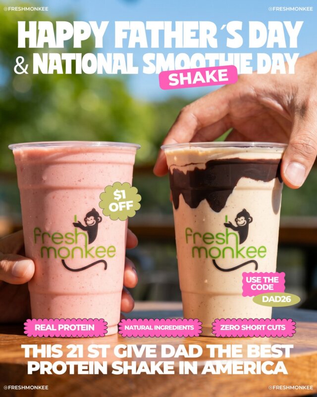 Dad doesn't need a smoothie. He needs real protein, natural ingredients, and a shake that actually fuels his day. 💪🧋

Celebrate Father's Day with the best shakes in America. Visit us on June 21 and get $1 off every shake purchase of $10 or more.

Ordering ahead?
🎁 Use code DAD26 online to save. 💚