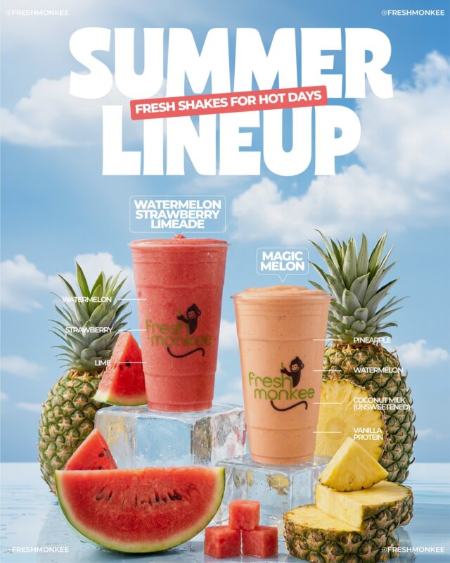 Try the new seasonal flavors: Magic Melon 🍉🥥
 and Strawberry Watermelon Limeade 🍉🍓🍋‍🟩
Refreshing protein shakes, perfect for hot, busy days ☀️ 🐒