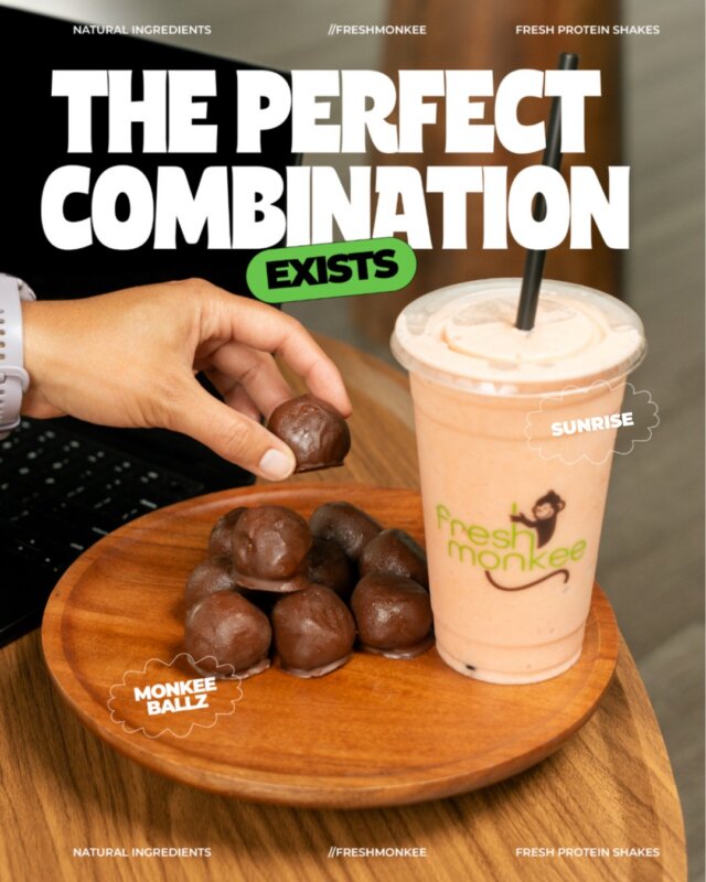 Fresh protein shake + Monkee Ballz 🐒🧋

That's not just a snack, that's a whole vibe.

Come in and try the perfect combo for your day!