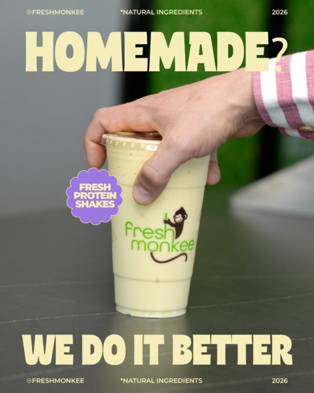 Making it at home sounds great in theory…

🏠Home: basic powder, guessing ratios, cleaning the blender.
🐒Fresh Monkee: premium protein, natural ingredients, made fresh in minutes.

Join the fresh protein shake revolution 💚🧋
