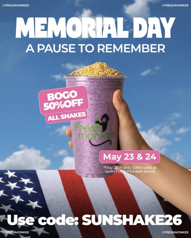 Come visit us May 23 & 24 and get BOGO 50% off all shakes with code SUNSHAKE26 🐒💚

Order online here: https://order.incentivio.com/c/freshmonkee/

Offer continues on May 25 at open Fresh Monkee locations. Check your local store hours before stopping by!