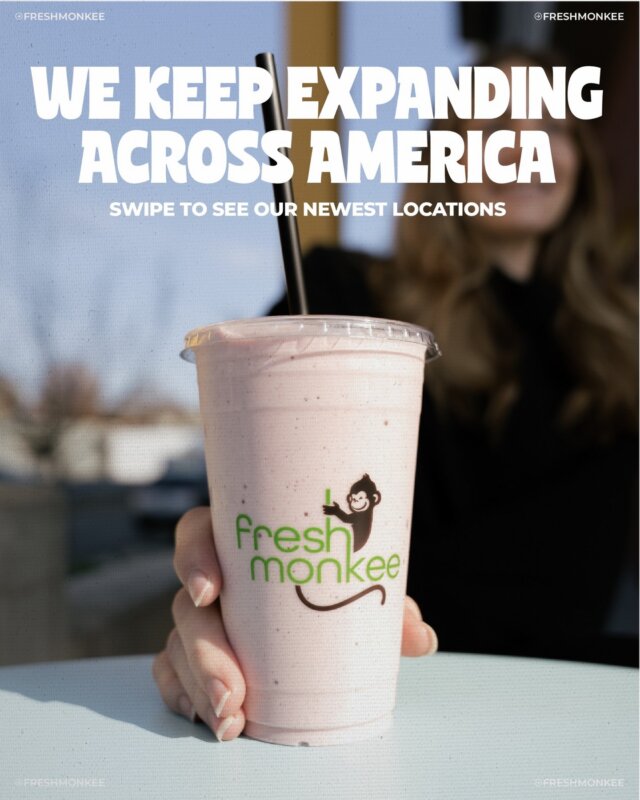 Fresh protein shakes are coming to more cities than ever 🇺🇸🐒

Swipe to see our newest locations: Milford, MI • Keller, TX • Montgomery, TX • Brockton, MA • Sarasota, FL 📍💚 

Can't make it to a store? The Fresh Monkee app delivers straight to your door. No extra fees, just the real price of your shake. 🧋📱