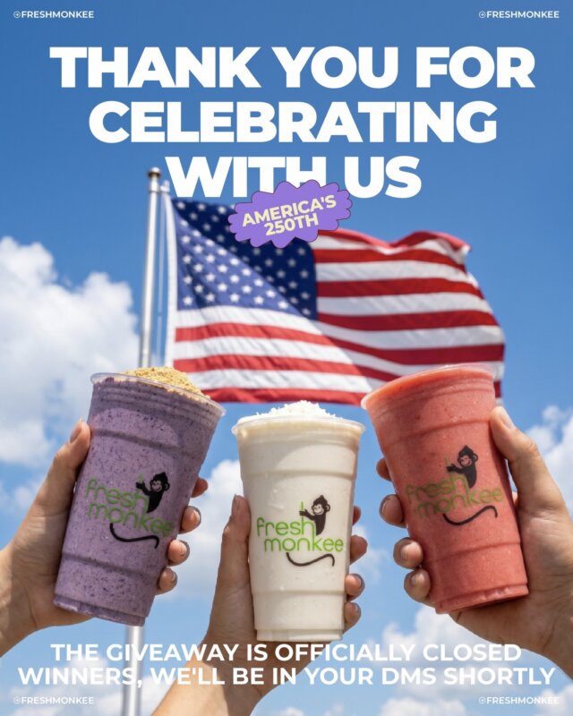250 years of America. One epic giveaway 🇺🇲 🐒 
Thank you to everyone who joined in and showed us your most patriotic Fresh Monkee moments📸 💚 
We're reaching out to the winners soon, keep an eye on your DMs!