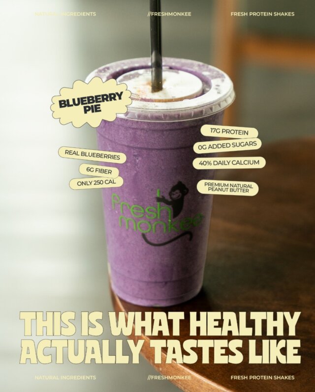 Meet the Blueberry Pie 🤝🧋 

Real blueberries, milk, graham cracker and vanilla protein.

Your body is going to love this 💪🫐🐒