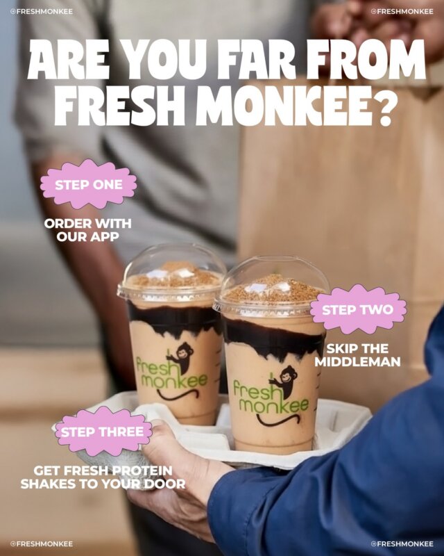 Why pay extra fees when you don't have to? 📱🐒
Order through our app and get fresh protein shakes delivered straight to your door.
No middleman, no service fees, no surprises. Just the real price. 💚🧋